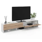 Meuble TV Suspendu 180 cm MDF avec Niches Ouvertes & Portes – Blanc & Chêne – Image 3